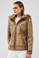 Meggy Women's Beige Hooded Furry Leather Jacket | Derimod Meggy Women's Beige Hooded Furry Leather Jacket | Derimod