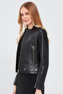 Sharon Women's Black Short Leather Jacket | Derimod Sharon Women's Black Short Leather Jacket | Derimod
