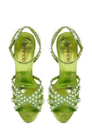 Kadın Yeşil Deri Bilekten Bağlamalı Taşlı Topuklu Sandalet | Derimod