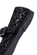 Woman Black Leopard Pattern Buckled Suede Leather Babet | Derimod Woman Black Leopard Pattern Buckled Suede Leather Babet | Derimod