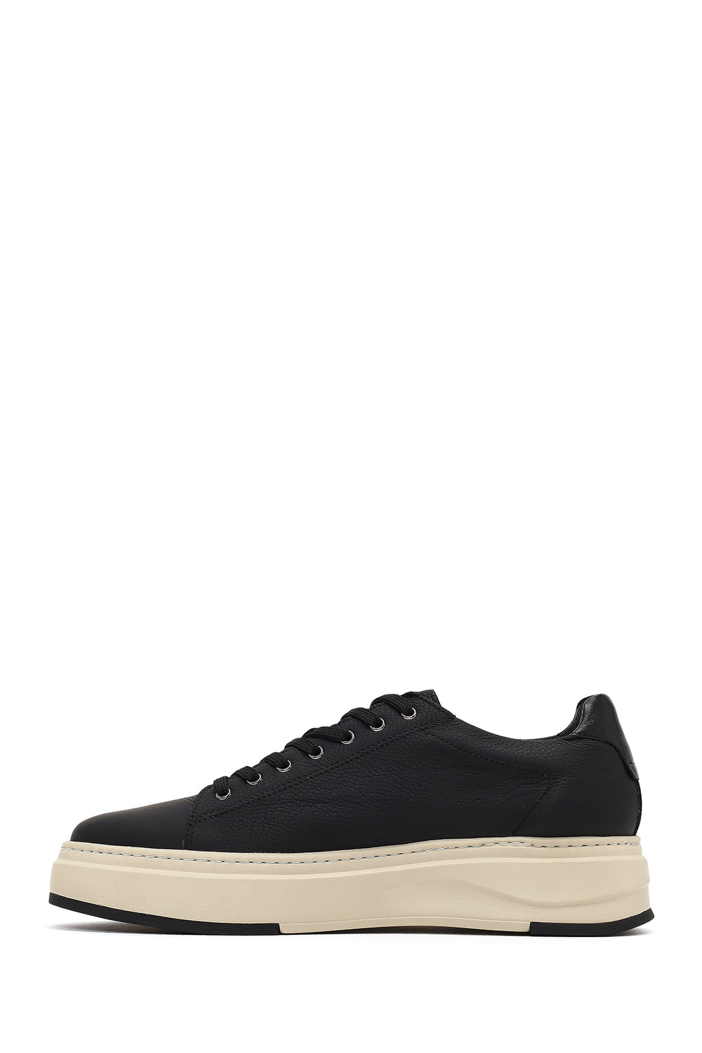 Erkek Siyah Bağcıklı Kalın Tabanlı Deri Sneaker