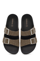 Men's Mink Double Buckle Suede Leather Slippers | Derimod Men's Mink Double Buckle Suede Leather Slippers | Derimod