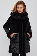 Virginia Women's Black Hooded Long Teddy Coat | Derimod Virginia Women's Black Hooded Long Teddy Coat | Derimod