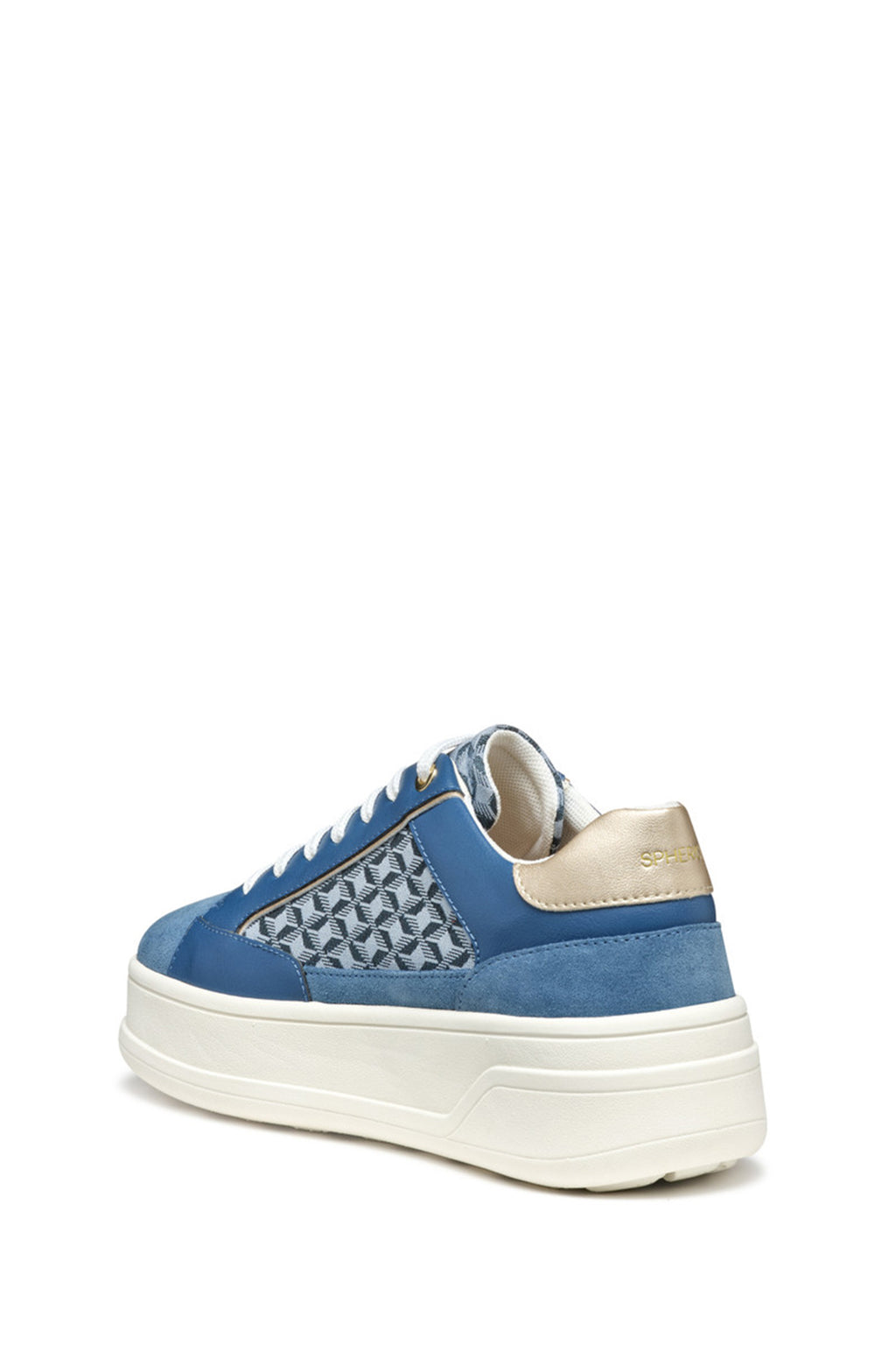 Geox Kadın Mavi D Spherica Ecub - 2 B - Em.Te + Su Bağcıklı Desenli Kalın Tabanlı Deri Sneaker