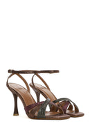 Women's Copper Ankle Strap Thin High Heel Patterned Leather Sandals | Derimod Women's Copper Ankle Strap Thin High Heel Patterned Leather Sandals | Derimod