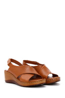 Women's Tan Wedge Heeled Leather Comfort Sandals with Ankle Strap | Derimod Women's Tan Wedge Heeled Leather Comfort Sandals with Ankle Strap | Derimod