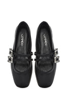 Women's Black Double Buckled Stoned Leather Ballerinas | Derimod Women's Black Double Buckled Stoned Leather Ballerinas | Derimod