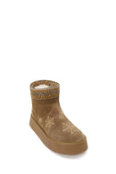 Woman Taba Patterned Suede Teddy Boots | Derimod Woman Taba Patterned Suede Teddy Boots | Derimod