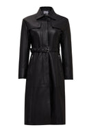 Betina Women's Black Shirt Collar Leather Overcoat | Derimod Betina Women's Black Shirt Collar Leather Overcoat | Derimod