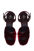 Kadın Bordo Bilekten Tokalı Platform Yüksek Kalın Topuklu Kadife Sandalet | Derimod Kadın Bordo Bilekten Tokalı Platform Yüksek Kalın Topuklu Kadife Sandalet | Derimod