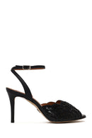 Woman Black Ankle Buckle Rhinestone Thin High Heel Leather Sandal | Derimod Woman Black Ankle Buckle Rhinestone Thin High Heel Leather Sandal | Derimod