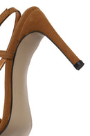 Woman Tan Ankle-Buckle High Thin-Heel Suede Sandal | Derimod Woman Tan Ankle-Buckle High Thin-Heel Suede Sandal | Derimod