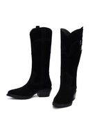 Woman Black Short Thick-Heeled Suede Cowboy Boots | Derimod Woman Black Short Thick-Heeled Suede Cowboy Boots | Derimod