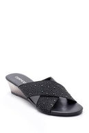 Women's Black Stone Wedge Heel Open Back Slippers | Derimod Women's Black Stone Wedge Heel Open Back Slippers | Derimod