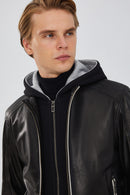 Tatum Men's Black Hooded Sports Leather Coat | Derimod Tatum Men's Black Hooded Sports Leather Coat | Derimod
