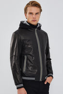 Tatum Men's Black Hooded Sports Leather Coat | Derimod Tatum Men's Black Hooded Sports Leather Coat | Derimod