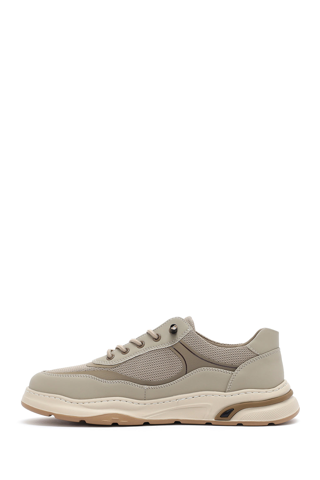 Erkek Bej Bağcıklı Deri Sneaker