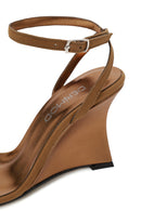 Woman Tan Ankle-Buckle Wedge-Heel Suede Sandal | Derimod Woman Tan Ankle-Buckle Wedge-Heel Suede Sandal | Derimod