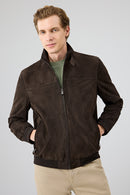 Marcelo Men's Brown Mandarin Collar Suede Leather Jacket | Derimod Marcelo Men's Brown Mandarin Collar Suede Leather Jacket | Derimod