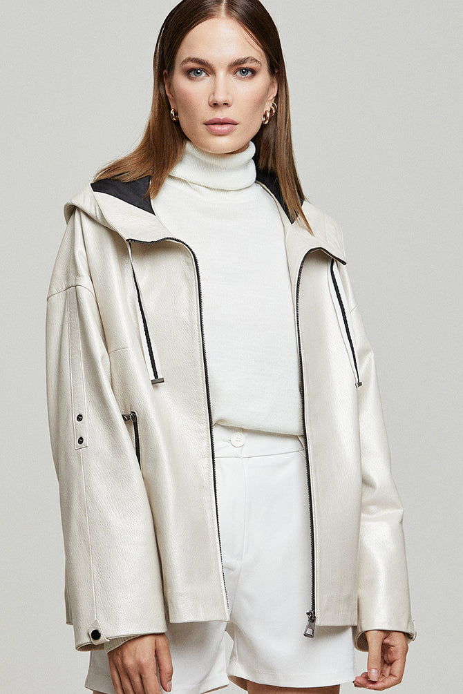 Jennifer Kadın Bej Kapüşonlu Oversize Deri Ceket