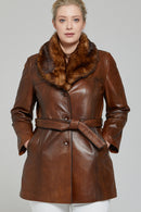 New Alexandra Camel Kadın Kürklü Deri Kaban | Derimod New Alexandra Camel Kadın Kürklü Deri Kaban | Derimod