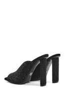 Women's Black Thick High Heeled Stoned Leather Slippers | Derimod Women's Black Thick High Heeled Stoned Leather Slippers | Derimod