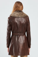 Rhoda Women's Brown Fur Leather Trench Coat | Derimod Rhoda Women's Brown Fur Leather Trench Coat | Derimod