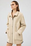 Dalida Women's Cream Oversize Leather Jacket | Derimod Dalida Women's Cream Oversize Leather Jacket | Derimod