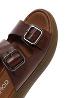 Women's Brown Thick Sole Buckle Leather Slippers | Derimod Women's Brown Thick Sole Buckle Leather Slippers | Derimod