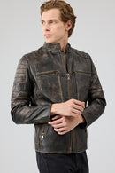 Morant Men's Brown Vintage Slim-Fit Leather Jacket | Derimod Morant Men's Brown Vintage Slim-Fit Leather Jacket | Derimod