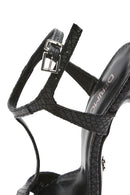 Women's Black Ankle Strap Patterned Leather Thin High Heel Sandals | Derimod Women's Black Ankle Strap Patterned Leather Thin High Heel Sandals | Derimod