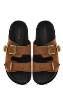 Women's Brown Buckled Suede Slippers | Derimod Women's Brown Buckled Suede Slippers | Derimod