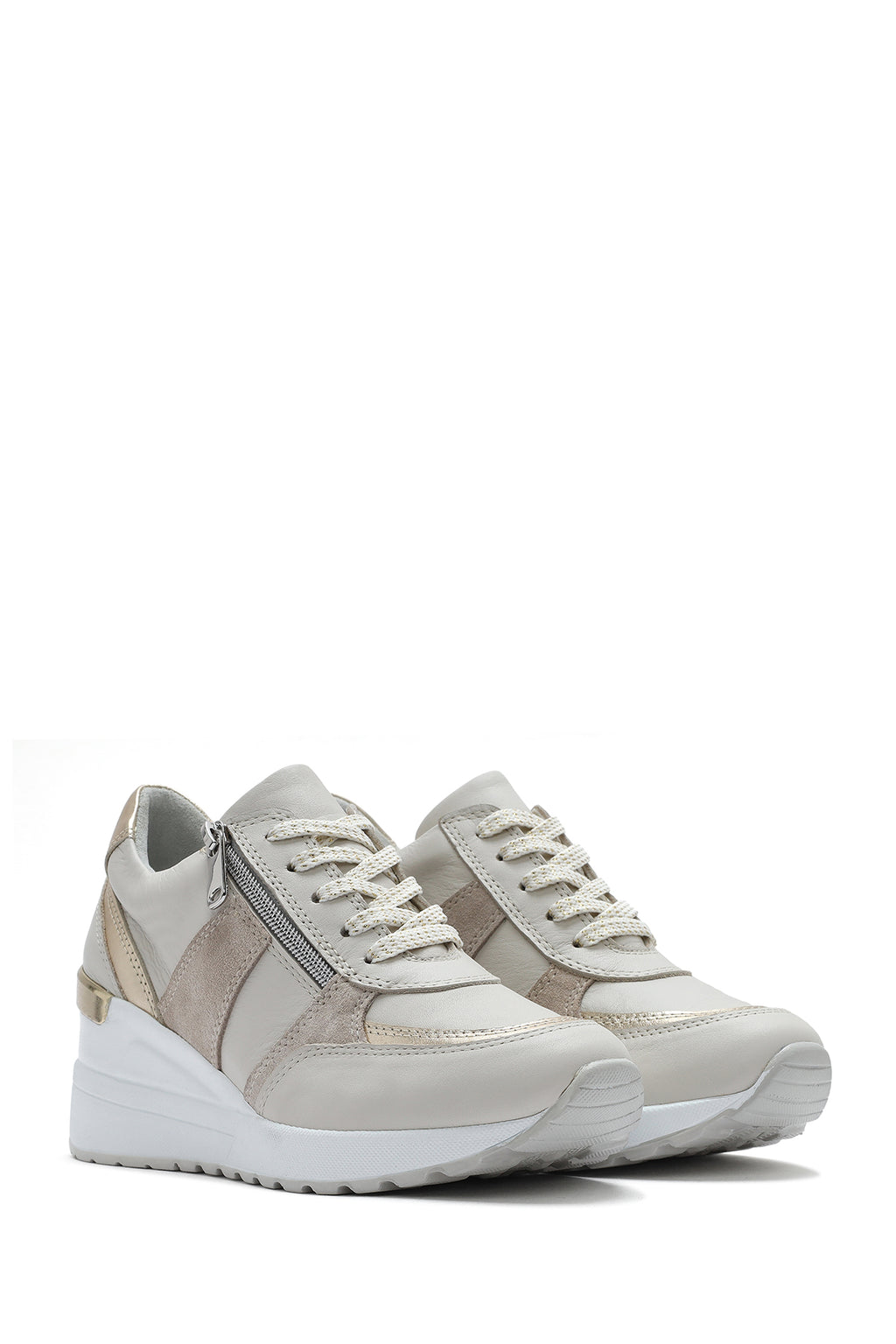 Kadın Bej Dolgu Topuklu Yandan Fermuarlı Deri Sneaker