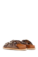 Women's Brown Double Buckled Straw Leather Slippers | Derimod Women's Brown Double Buckled Straw Leather Slippers | Derimod