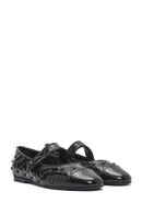Women's Black Banded Patterned Leather Ballerinas | Derimod Women's Black Banded Patterned Leather Ballerinas | Derimod
