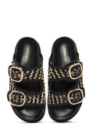 Women's Black Double Buckle Straw Leather Slippers | Derimod Women's Black Double Buckle Straw Leather Slippers | Derimod