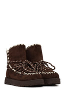 Woman Brown Lace-up Thick-soled Suede Teddy Boots | Derimod Woman Brown Lace-up Thick-soled Suede Teddy Boots | Derimod
