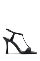 Women's Black Ankle Strap Patterned Leather Thin High Heel Sandals | Derimod Women's Black Ankle Strap Patterned Leather Thin High Heel Sandals | Derimod