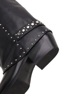 Woman Black Studded Chunky-Heeled Leather Cowboy Boots | Derimod Woman Black Studded Chunky-Heeled Leather Cowboy Boots | Derimod