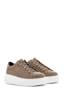 Women's Grey Lace-Up Stone Detailed Suede Leather Sneakers | Derimod Women's Grey Lace-Up Stone Detailed Suede Leather Sneakers | Derimod