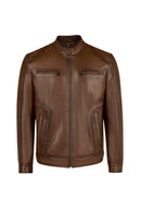 Christ Male Brown Mandarin Collar Leather Jacket | Derimod Christ Male Brown Mandarin Collar Leather Jacket | Derimod