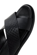 Men's Black Knitted Patterned Leather Slippers | Derimod Men's Black Knitted Patterned Leather Slippers | Derimod