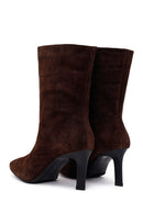 Woman Brown Thin Heeled Printed Suede Boots | Derimod Woman Brown Thin Heeled Printed Suede Boots | Derimod