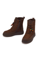 Woman Brown Zip Closure Thick-Soled Charmed Fabric Combat Boots | Derimod Woman Brown Zip Closure Thick-Soled Charmed Fabric Combat Boots | Derimod