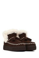 Woman Brown Thick-Soled Tasselled Suede Teddy Boots | Derimod Woman Brown Thick-Soled Tasselled Suede Teddy Boots | Derimod