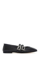 Women's Black Double Buckled Stoned Leather Ballerinas | Derimod Women's Black Double Buckled Stoned Leather Ballerinas | Derimod