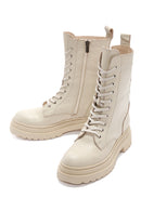 Women's Cream Zippered Leather Combat Boots | Derimod Women's Cream Zippered Leather Combat Boots | Derimod