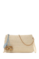 Woman Light Beige Wicker Clutch Bag with Long Chain Strap | Derimod Woman Light Beige Wicker Clutch Bag with Long Chain Strap | Derimod