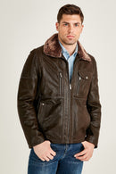 Angelo Men's Brown Leather Jacket with Fur Collar | Derimod Angelo Men's Brown Leather Jacket with Fur Collar | Derimod