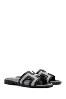 Women's Black Patterned Leather Slippers | Derimod Women's Black Patterned Leather Slippers | Derimod